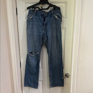 Classic Straight-Leg Men's Jeans in Blue with Knee Distress